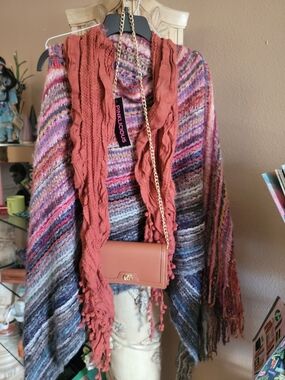 Pinklicious Multicolor Knit Poncho with Rust Accent Scarf
